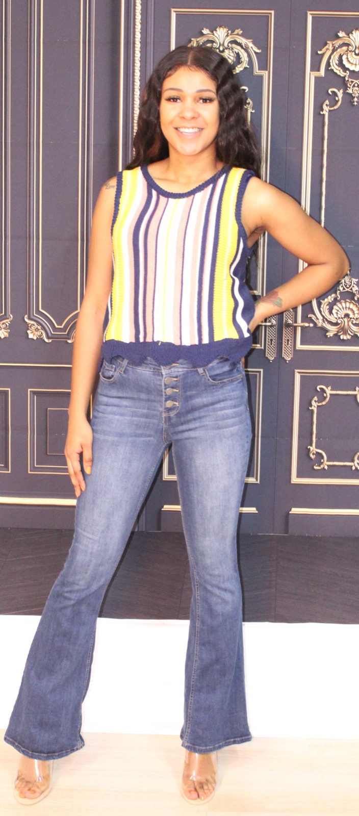 Navy Blue Jeans with Strip Top - 